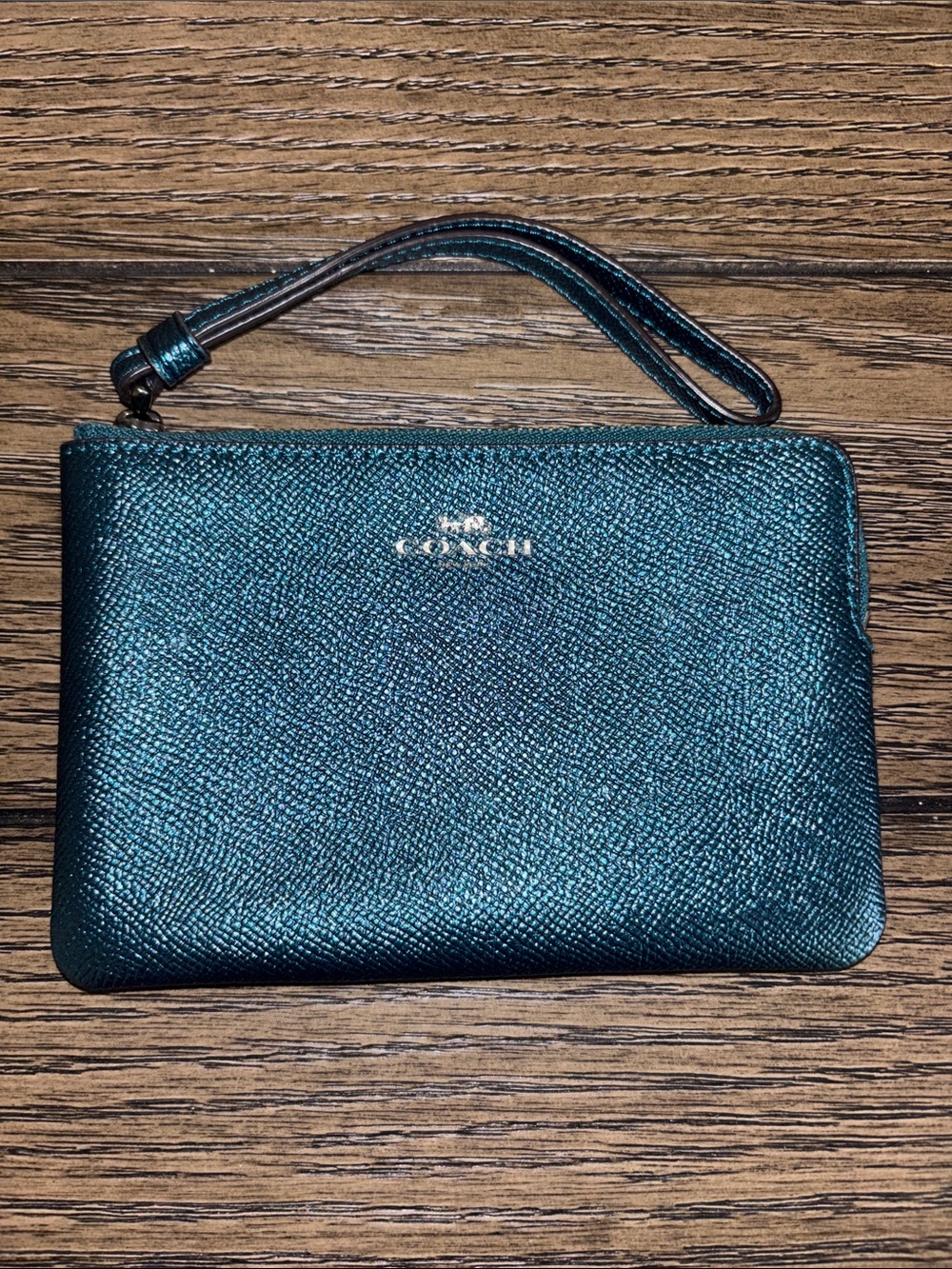 COACH Metallic Teal Leather Wristlet